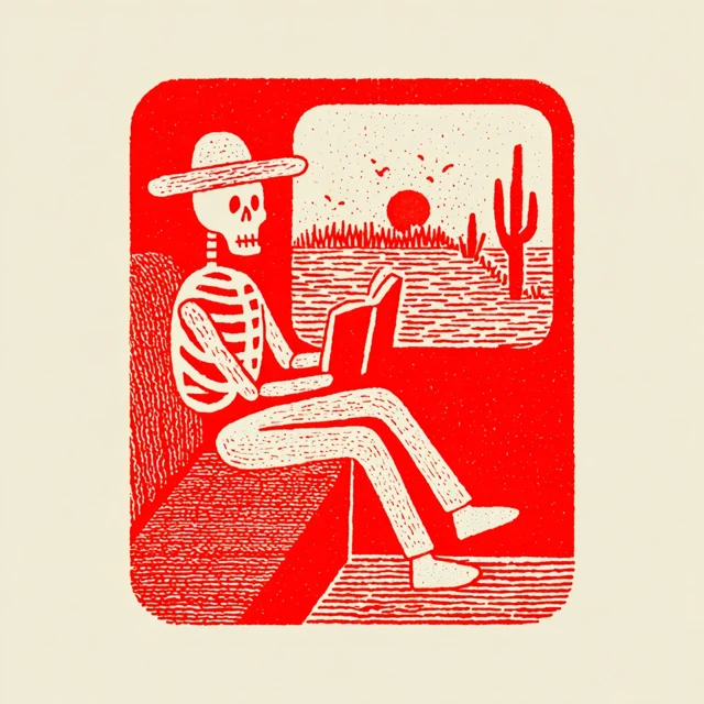 Skeleton Cowboy Reading on Train Linocut Art