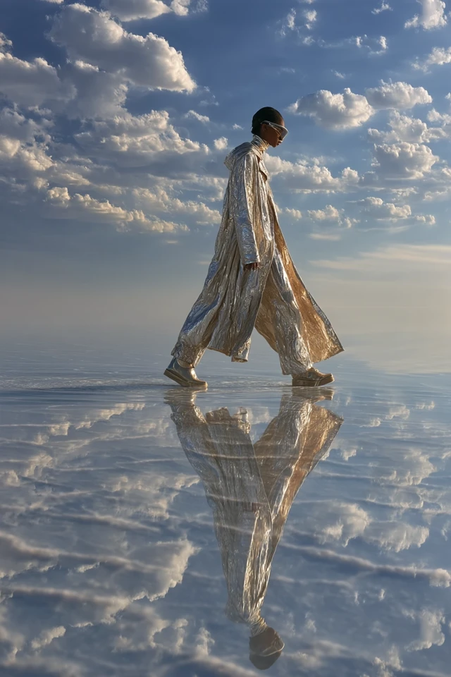 Ethereal Model in Mirrored Desert Landscape