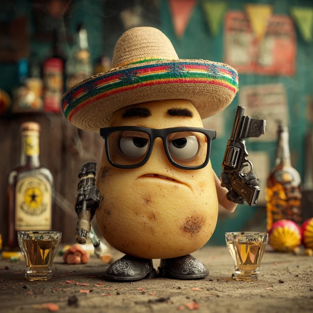 Mexican Potato Funny with Sombrero Glasses and Tequila