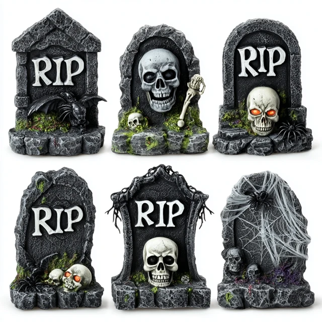 Spooky Halloween Tombstones RIP Gothic Skulls Bats Webs