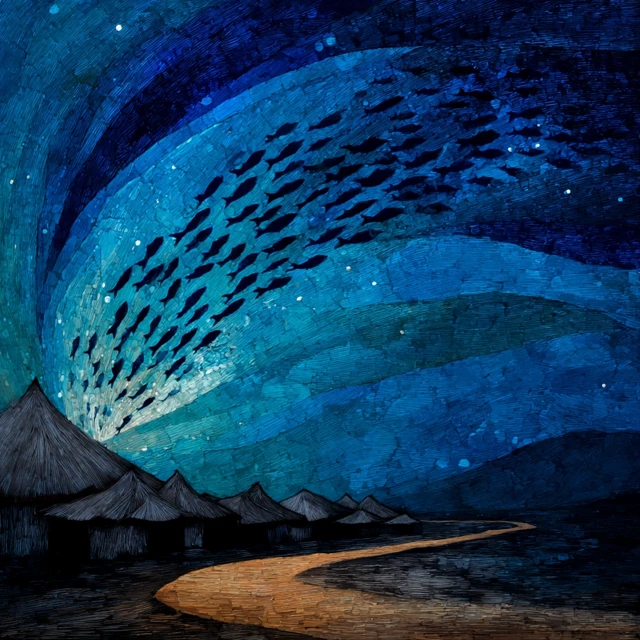 Escher Inspired Painting Fish Starry Sky Road