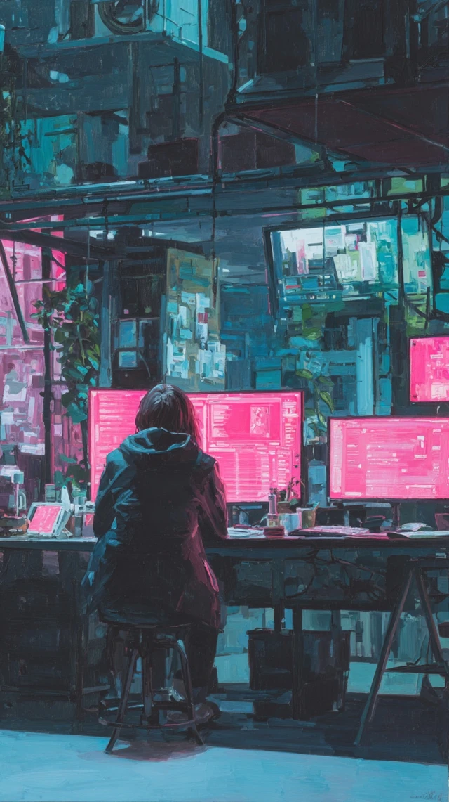 Cyberpunk Office Oil Painting Software Engineer
