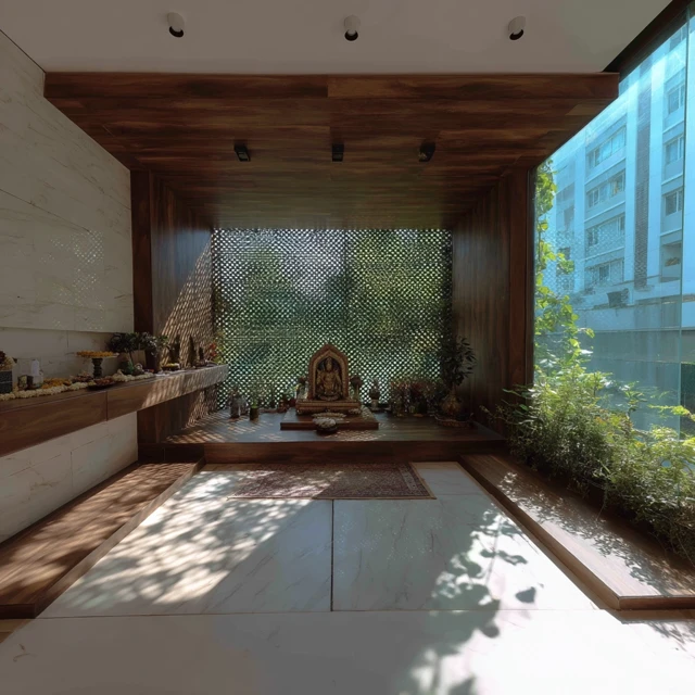 Indian Modern Pooja Unit with Garden View