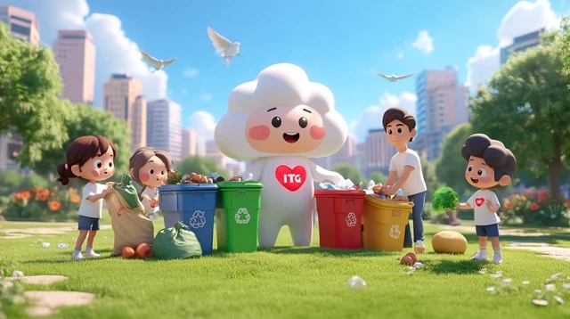 Kids and Adult Recycle in Park with Cartoon Character