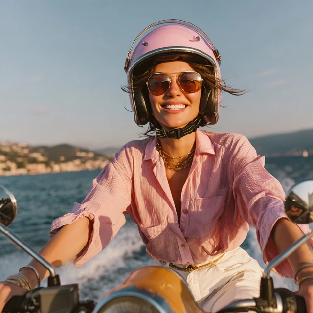 Woman on Scooter Seaside Road Smiling
