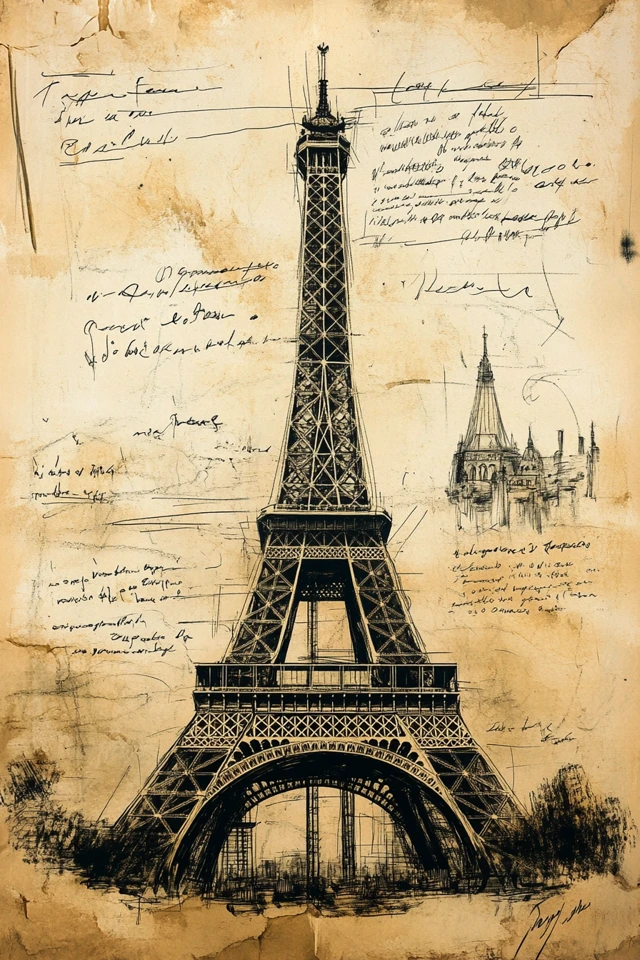 Eiffel Tower Sketch Vintage with Notes