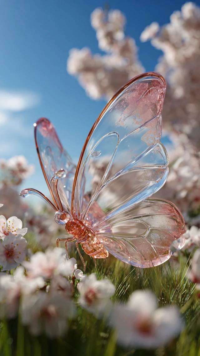 Glass Butterfly in Springtime Flowers