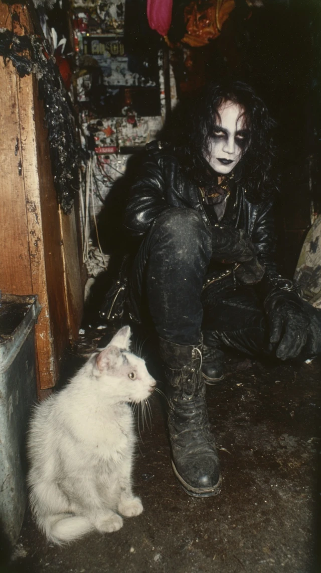 Gothic Man in Leather Jacket with Cat 1983 Polaroid