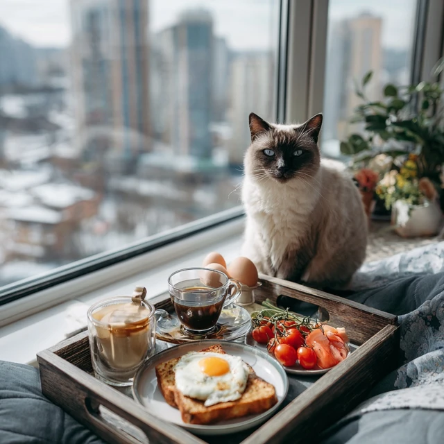 Breakfast in Bed with a Siamese Cat