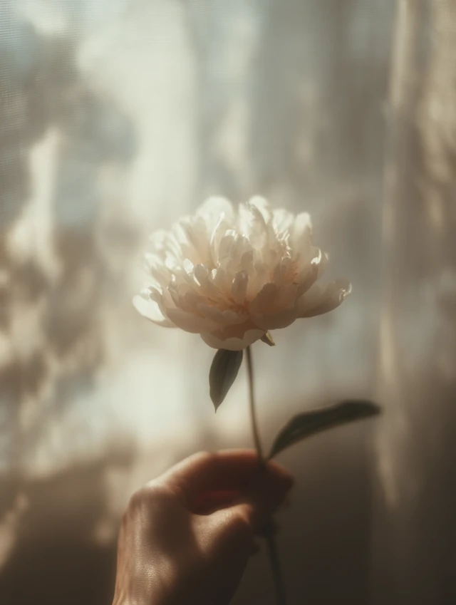 Hand Holding Peony Flower Dreamy and Airy