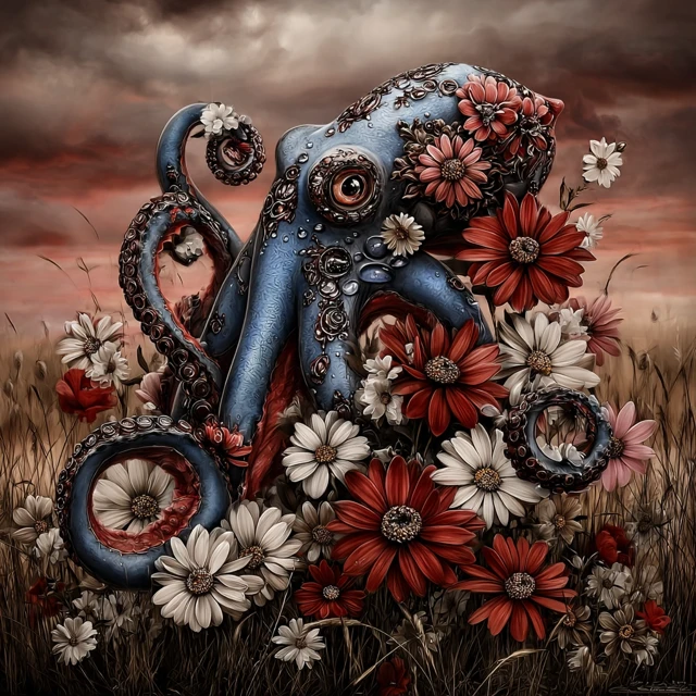 Blue Octopus in Flower Field Illustration Art