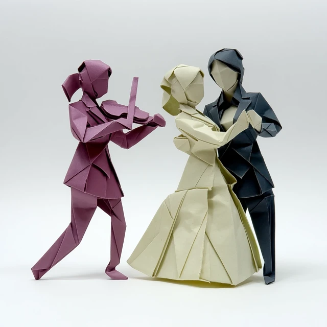 Origami of Business Woman Playing Violin and Couple Dancing