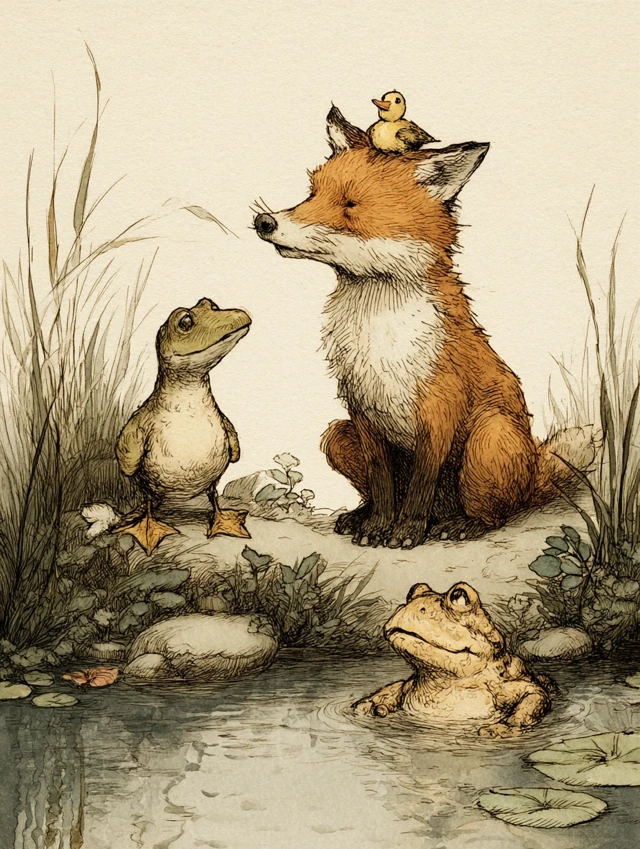 Fox Duck and Toad Illustration Arnold Lobel Style