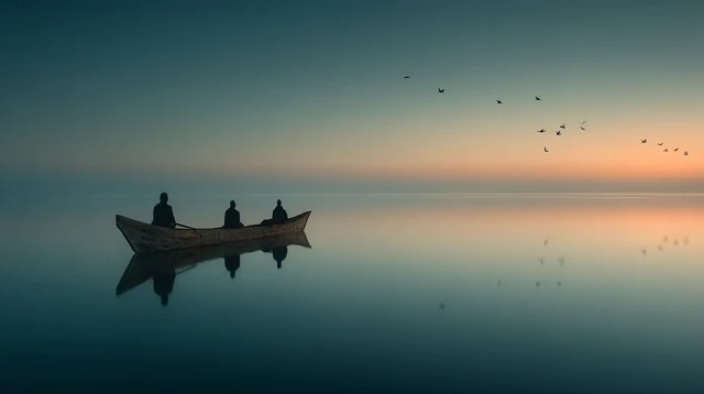 Lone Canoe Drifting at Sea Peaceful Landscape
