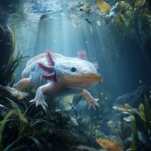 Realistic Axolotl Underwater in Clear Lake