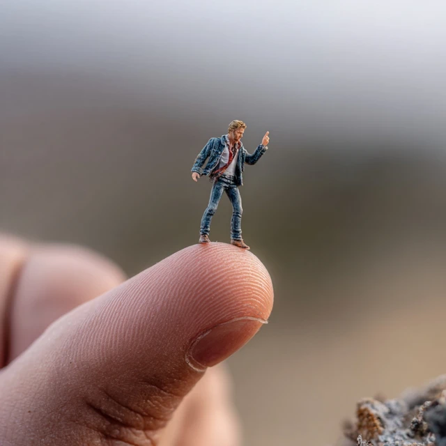Miniature Action Hero Posing on a Finger
