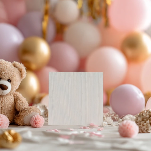 Blank Card Mockup with Balloons and Teddy Bear
