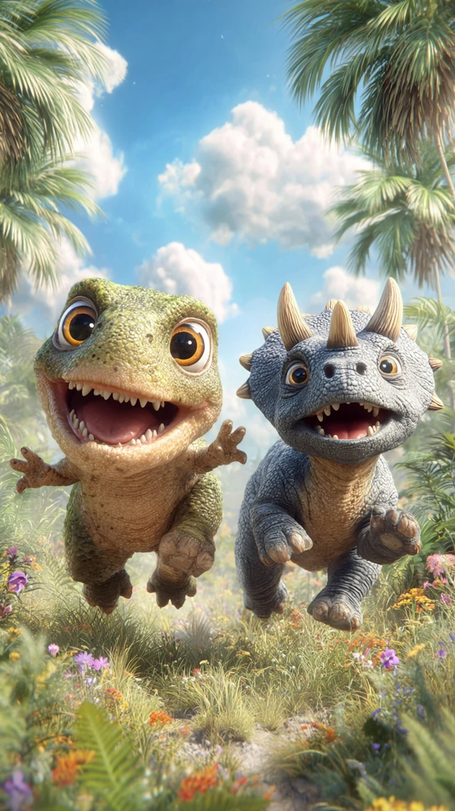 Adorable T Rex and Triceratops Prehistoric Fun HD
