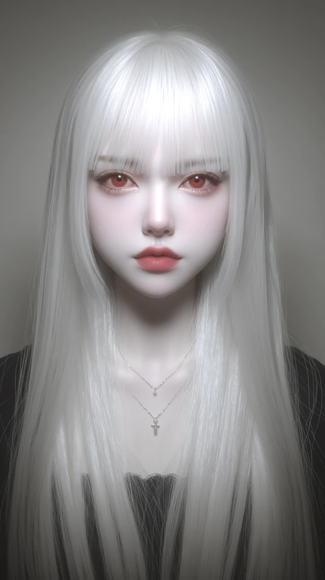 Portrait of a Woman with Red Eyes and White Hair