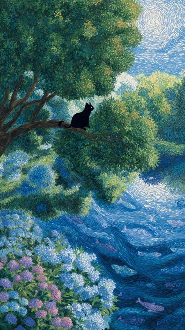 Black Cat in a Tree Dreamy Nature Painting
