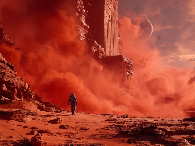 Mars Astronaut Exploring Ancient Monument
