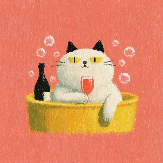 Fat Cat Drinking Wine in a Bathtub Surreal Illustration