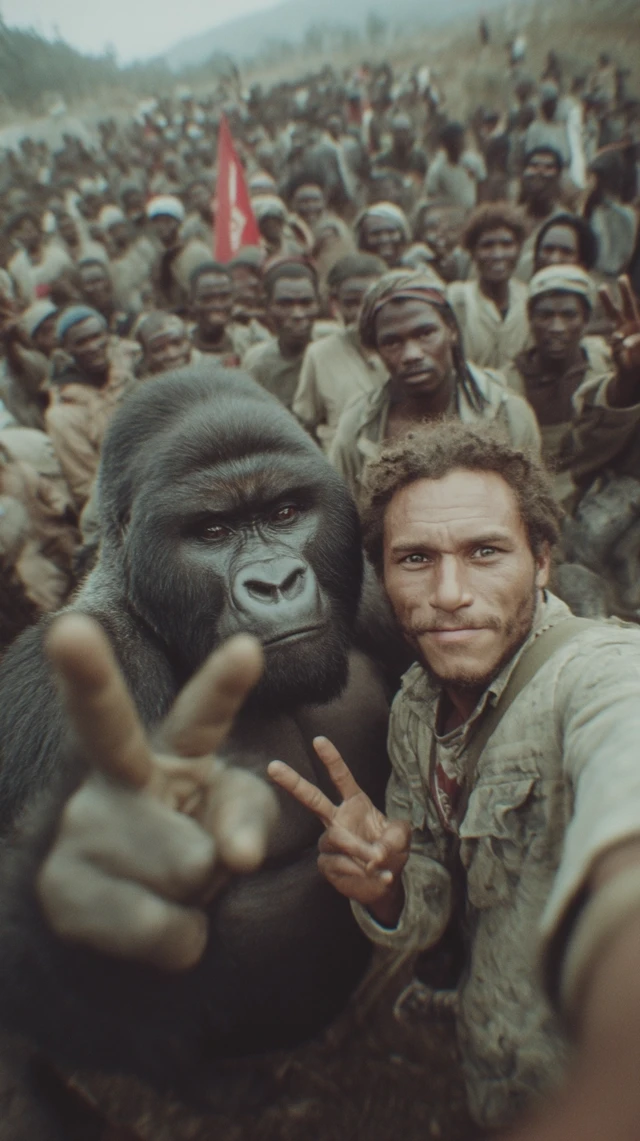 Gorilla and Soldiers Making Peace Sign
