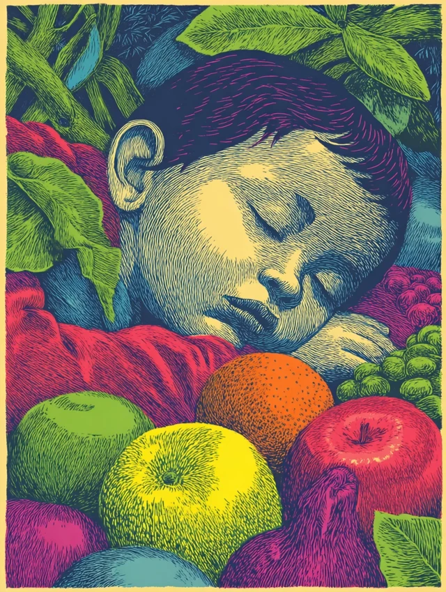 Psychic Toddler Dreaming of Fruit Linocut Print