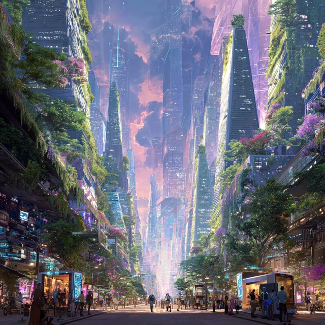 Futuristic City Skyline Green Skyscrapers Concept Art