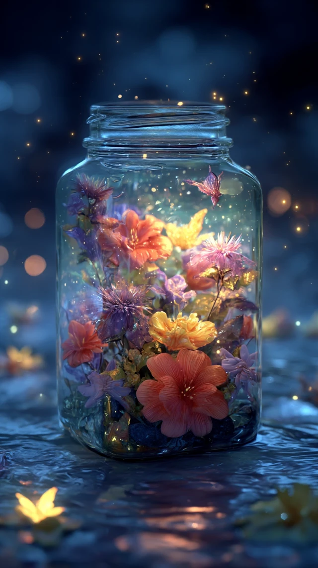 Magical Jar Flowers Fireflies Fantasy Art