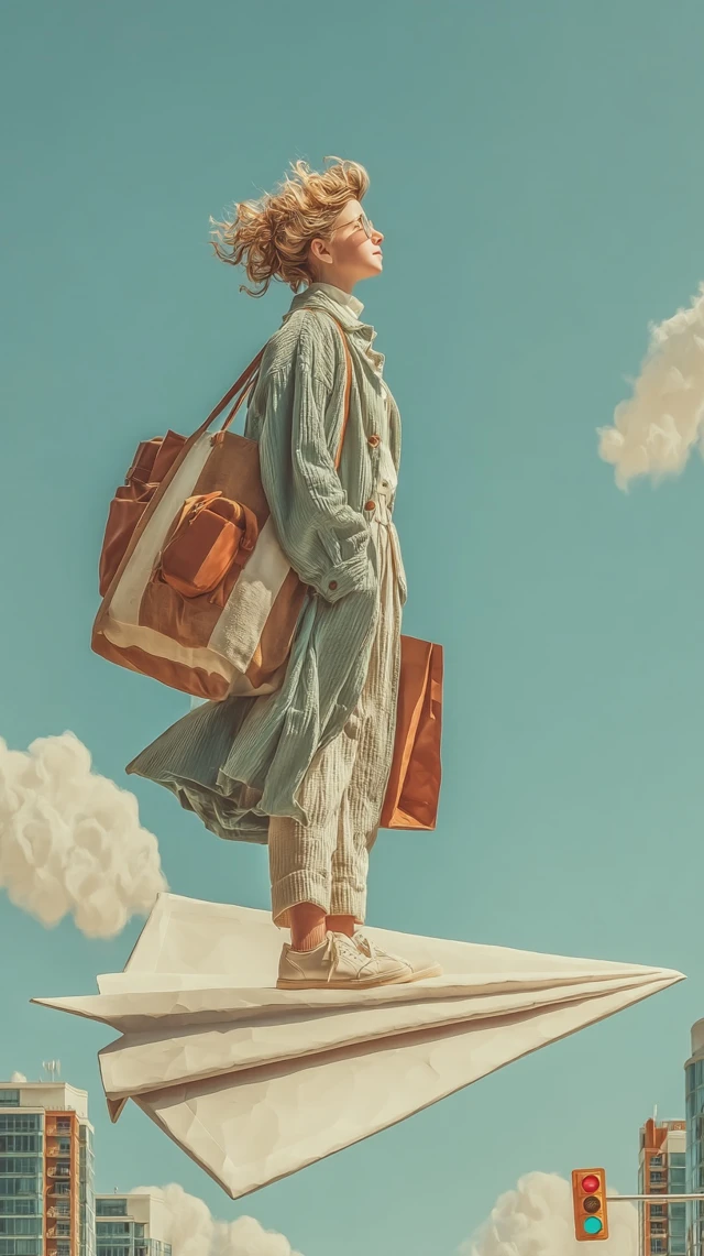 Woman on Paper Airplane Above City