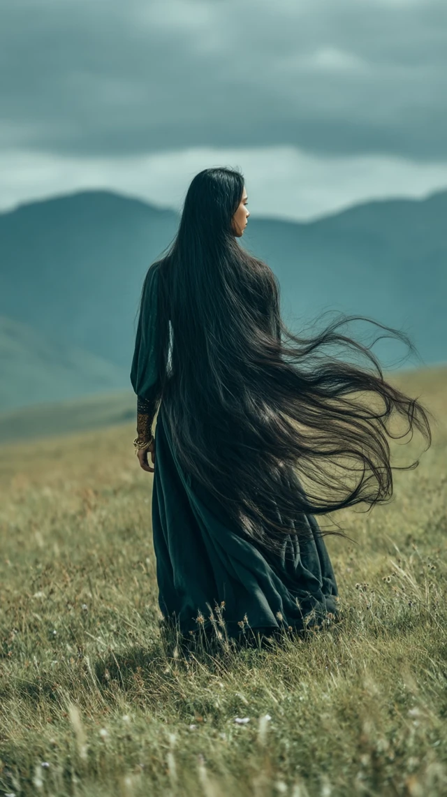 Woman with Flowing Black Hair on a Grassland