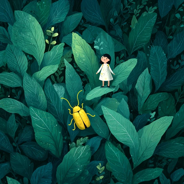 Girl in a green forest with a yellow beetle