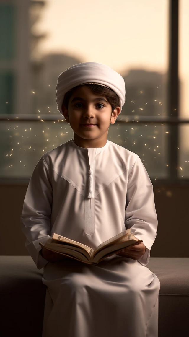 Boy Reading Quran in Sunset Light
