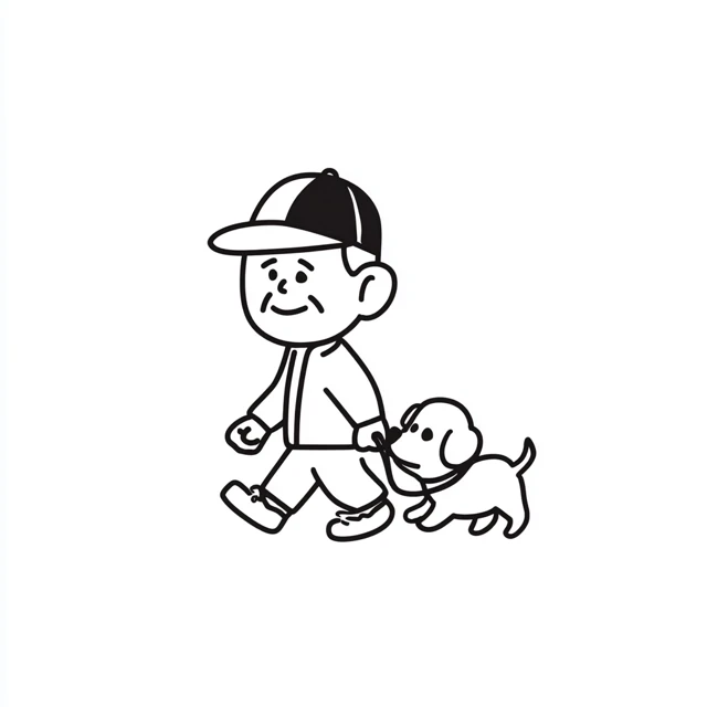 Elderly Man Walking Dog Cute Cartoon Illustration
