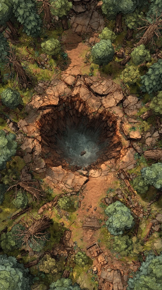 Fantasy RPG Map Crater Forest Ruins Top Down View