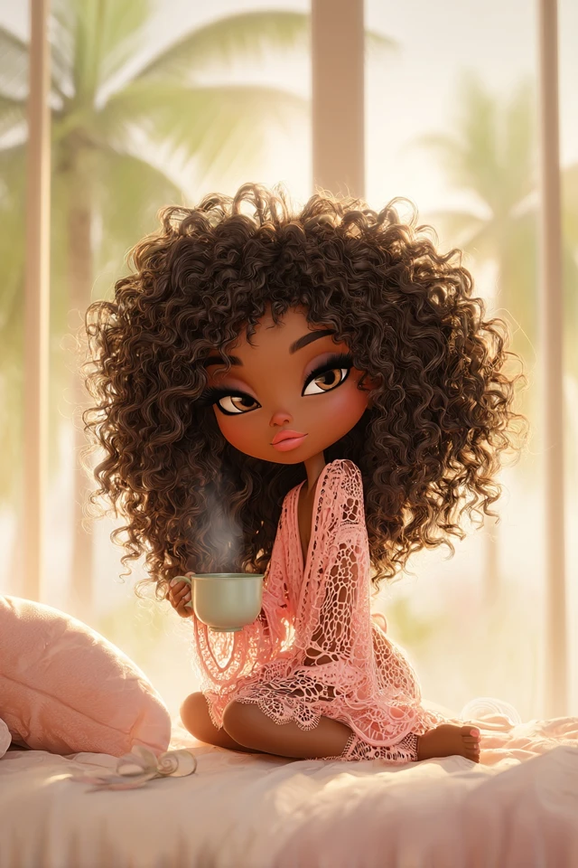 Chibi Brazilian Woman with Coffee Illustration