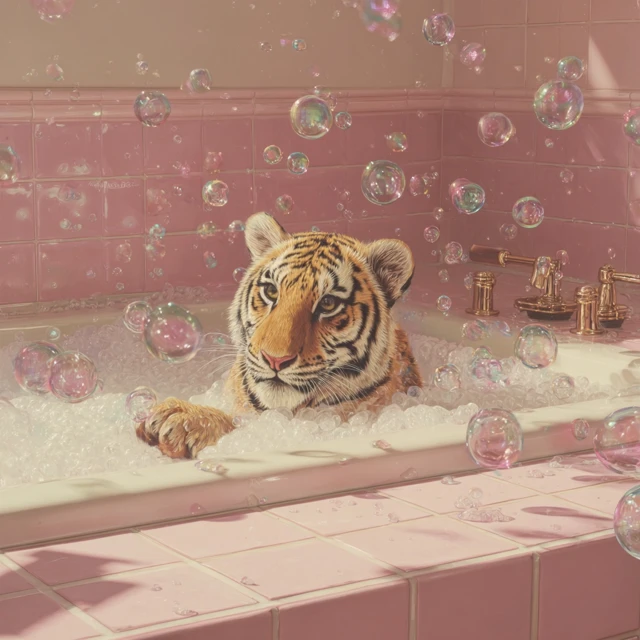 Cute Tiger in Bathtub Bubbles Oil Painting