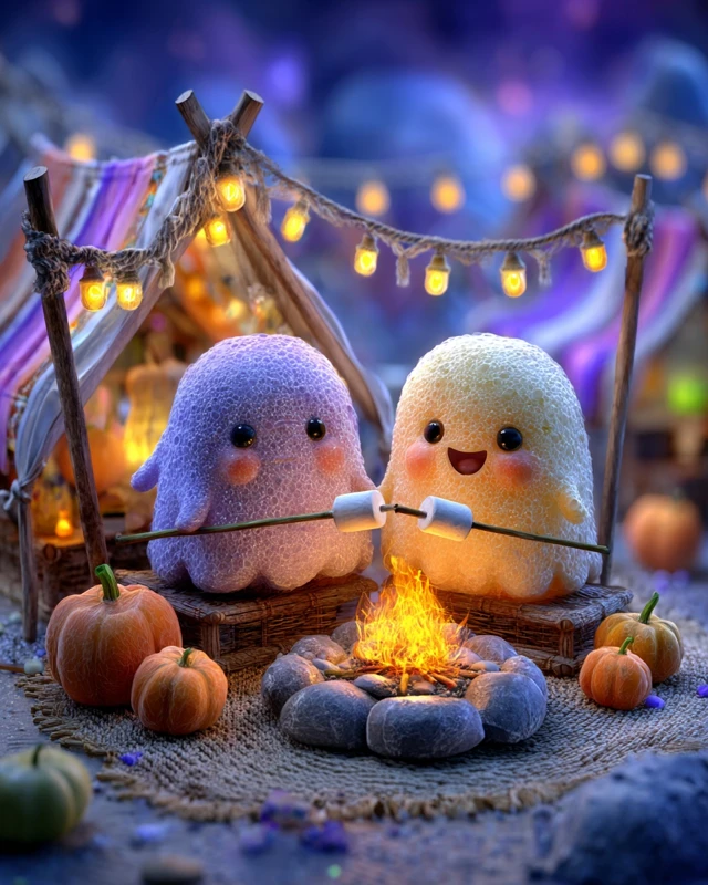 Cute Halloween Ghosts Roasting Marshmallows