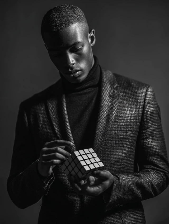 Male Model Solving Rubiks Cube Black and White Photo