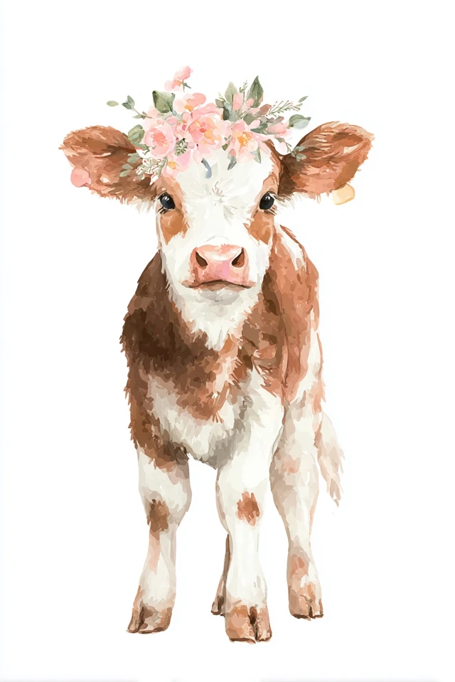 Baby Cow Watercolor Art Flower Crown