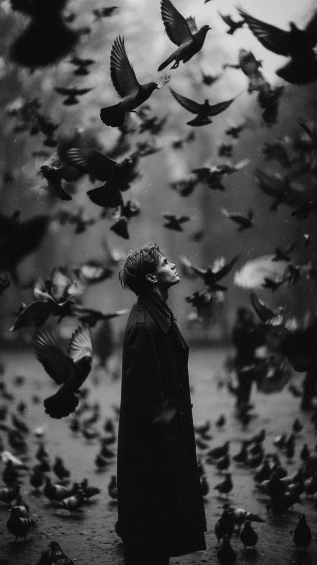 Man and Birds in Park Black and White Nostalgic Photo