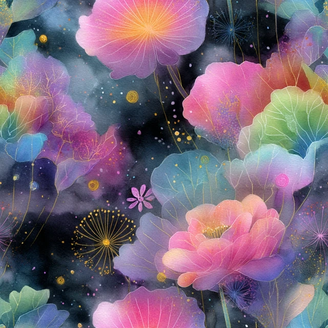 Watercolor Floral Scene Cosmic Abstraction Painting