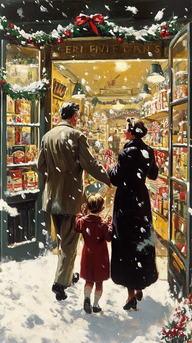 1940s American Christmas Illustration Family in Store
