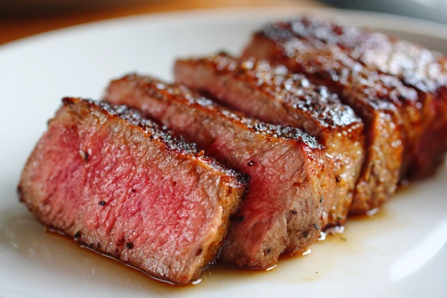 Juicy Medium Rare Steak Slices on White Plate