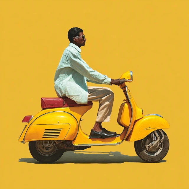 Indian Man on Yellow Scooter Vintage 1980s Style