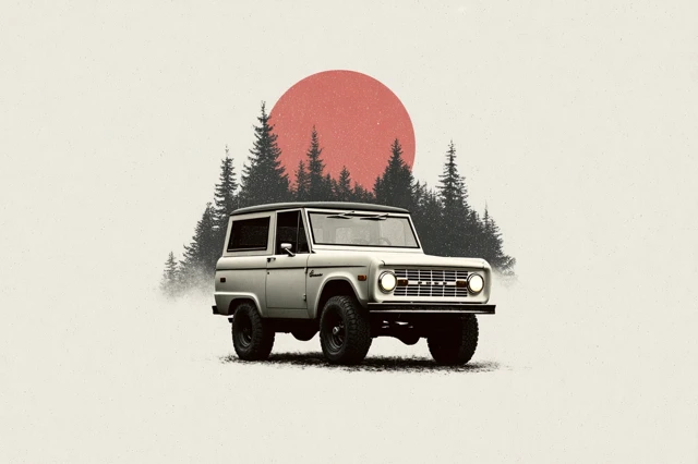 Vintage Ford Bronco in Oregon at Sunset Logo