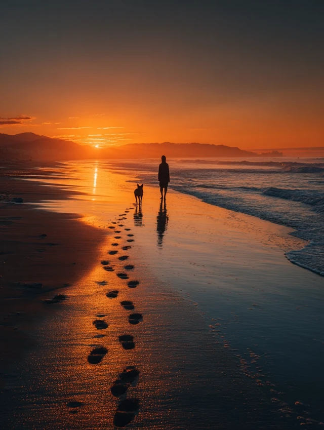 Sunrise Beach Walk Woman Dog Footprints Canon R5
