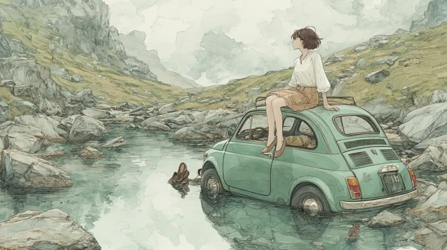 Fiat 500 in River Anime Illustration