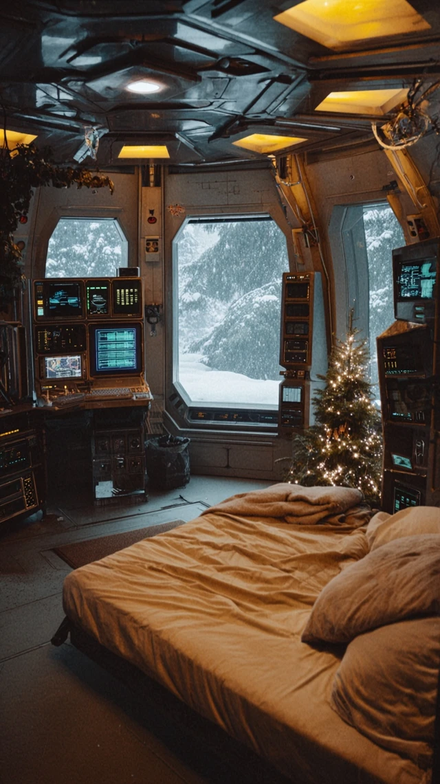 Retro Spaceship Interior Christmas Winter Scene
